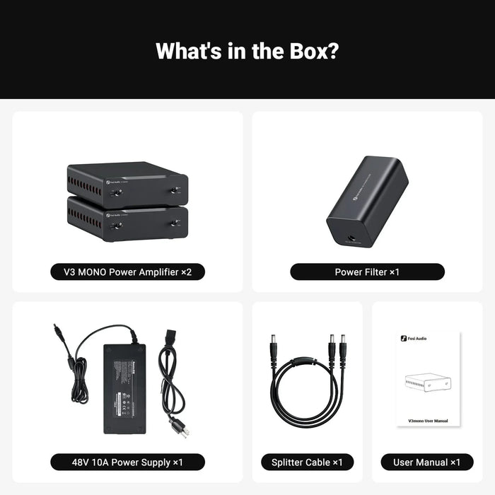 Fosi V3 Mono Monoblock Amplifier - V3 Mono Pair + 48V 10A PSU + Power Filter - Power Amplifier