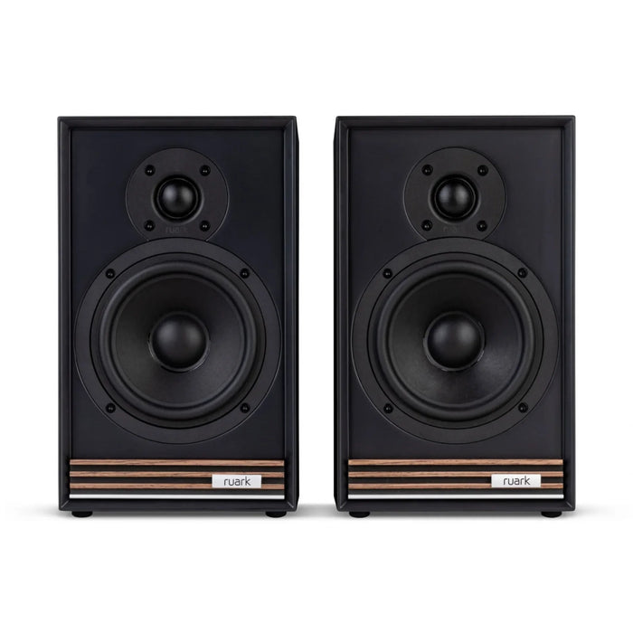 Ruark Sabre-R Bookshelf Speakers (Pair) - Satin Charcoal lacquer cabinet with Walnut slat trim - Home Speaker