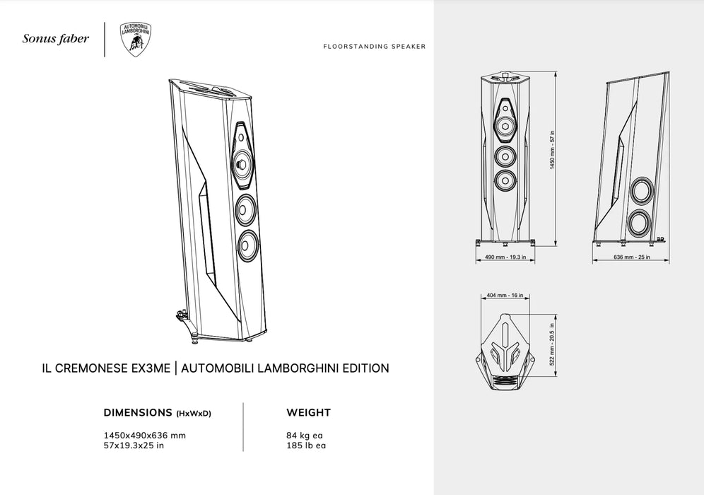 Technical drawing of a Sonus Faber floor-standing speaker with dimensions and weight details.